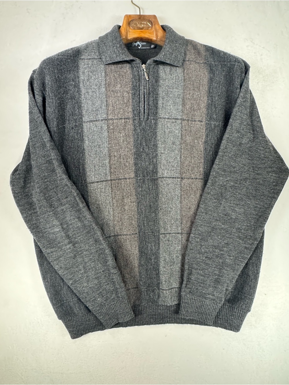 Gran Sasso Men's Grey and Brown Zip-Up Panel Sweater Wool Blend Size XL